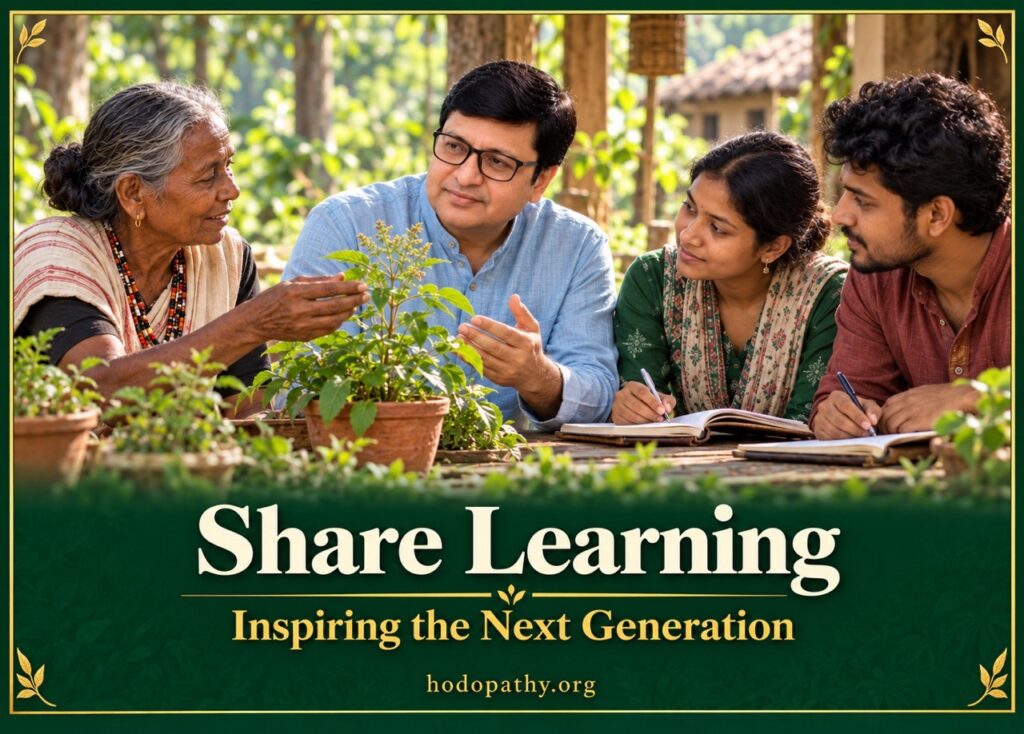 Researchers, policymakers, and Adivasi representatives reviewing printed educational guides and digital research reports at a Hodopathy forum.
