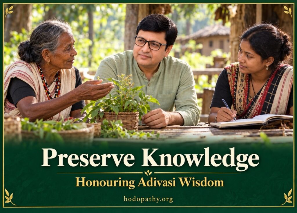 An Adivasi health practitioner and village elder explaining traditional healing methods to young community members under a village tree.